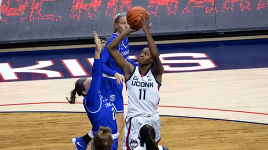 Mir McLean takes a shot against Creighton on December 17, 2020.
