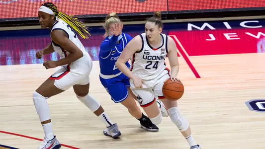 Anna Makurat dribbles against Creighton on December 17, 2020.