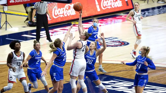 Anna Makurat takes a shot from short range against Creighton on December 17, 2020.