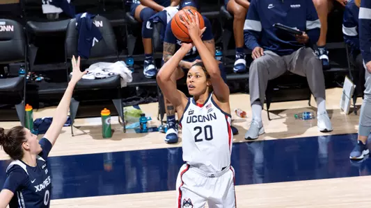 Olivia Nelson-Ododa shoots a jumper against Xavier on December 19, 2020.