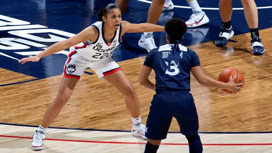 Evina Westbrook plays defense against Xavier on December 19, 2020.