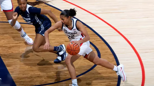 Evina Westbrook drives to the hoop against Xavier on December 19, 2020.