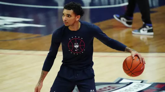 Dec 20, 2020; Storrs, Connecticut, USA; Connecticut Huskies guard James Bouknight (2) warms up before the start of the game against the Creighton Bluejays at Harry A. Gampel Pavilion. Mandatory Credit: David Butler II-USA TODAY Sports