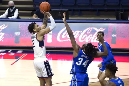 James Bouknight rises for the shot over the defender in the game against Creighton on December 20th 2020