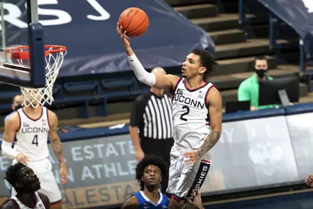James Bouknight rises for the bucket and the foul in the game against Creighton on December 20th 2020