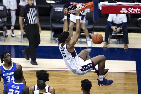 Isaiah Whaley finishes the dunk in the game against Creighton on December 20th 2020