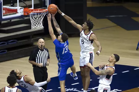Isaiah Whaley rises to block the shot in the game against Creighton on December 20th 2020