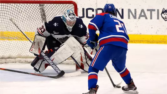 Tomas Vomacka makes a save against UMass Lowell on December 21, 2020.