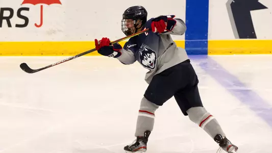 Adam Karashik rips a shot that ends up in the back of the net against Providence on December 28, 2020.