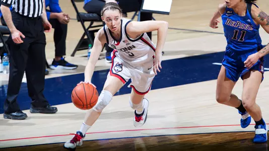 Paige Bueckers dribbles against DePaul on December 29, 2020.