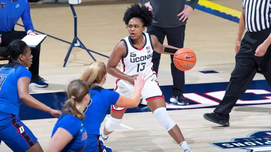 Christyn Williams sizes up the defense against DePaul on December 29, 2020.