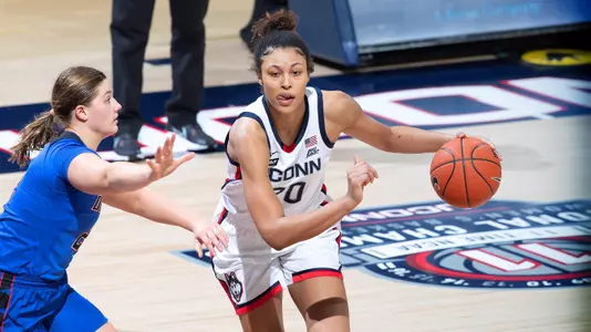 Olivia Nelson-Ododa dribbles against DePaul on December 29, 2020.