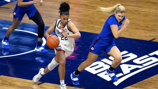 Evina Westbrook dribbles up the floor against DePaul on December 29, 2020.