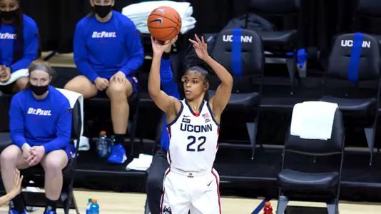 Evina Westbrook takes a jumper against DePaul on December 29, 2020.