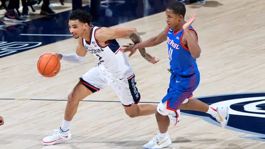 James Bouknight dribbles against DePaul on December 30, 2020.