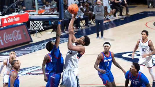 Josh Carlton attempts a shot against DePaul on December 30, 2020.