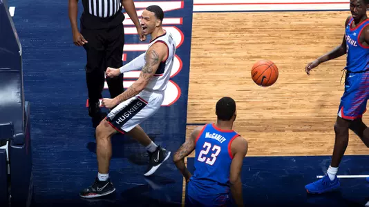 Tyrese Martin reacts after a dunk against DePaul on December 30, 2020.