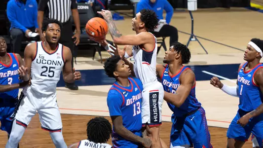 James Bouknight drives to the rim against DePaul on December 30, 2020.