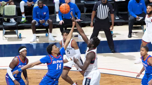 Adama Sanogo attempts a shot against DePaul on December 30, 2020.
