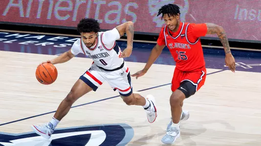 Jalen Gaffney dribbles against St. John's on January 18, 2021.