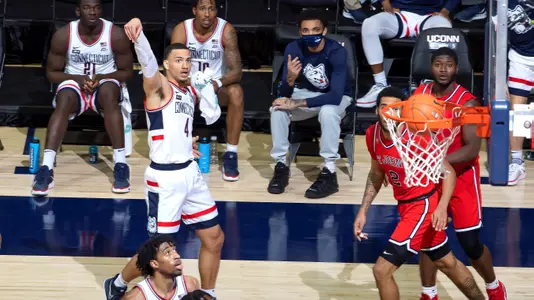 Tyrese Martin buries a three-pointer against St. John's on January 18, 2021.