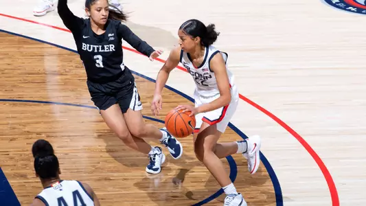 Evina Westbrook dribbles against Butler on January 19, 2021.