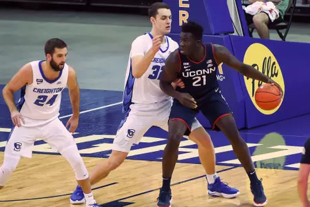 Adama Sanogo backs down a defender against Creighton on January 23, 2021