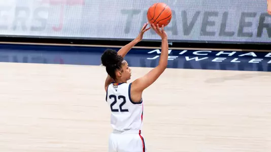 Evina Westbrook shoots a three-pointer against Georgetown on January 23, 2021.