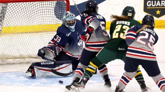Samantha Capentier-Yelle makes a save against Vermont on January 8, 2021.