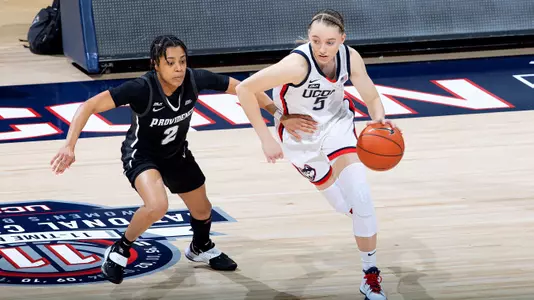 Paige Bueckers dribbles against Providence on January 9, 2021.