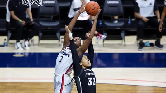 Aaliyah Edwards grabs a rebound against Providence on January 9, 2021.