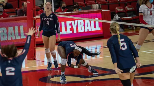 Kennadie Jake-Turner celebrating after a point to end a set