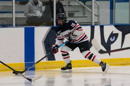 Taylor Wabick passes the puck in the game verse Boston University