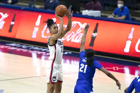 Evina Westbrook takes the shot over the defender in the game against Seton hall at gampel pavilion on February 10th