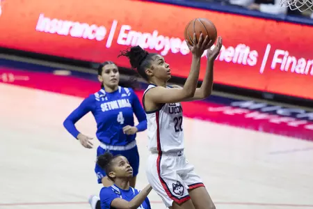 Evina Westbrook rises for the layup in the game against Seton hall at gampel pavilion on February 10th