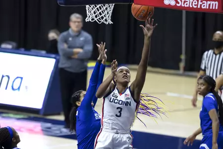 Aaliyah Edward rises for the layup in the game against Seton hall at gampel pavilion on February 10th