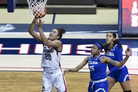 Olivia Nelson-Ododa rises for the layup in the game against Seton hall at gampel pavilion on February 10th
