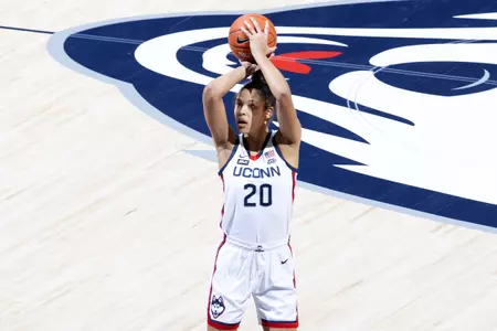 Olivia Nelson-Ododa takes the jump shot in the game against Seton hall at gampel pavilion on February 10th
