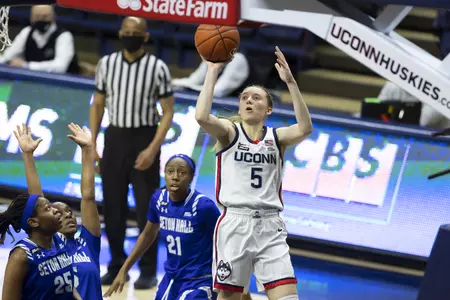 Paige Bueckers rises for the shot in the game against Seton hall at gampel pavilion on February 10th