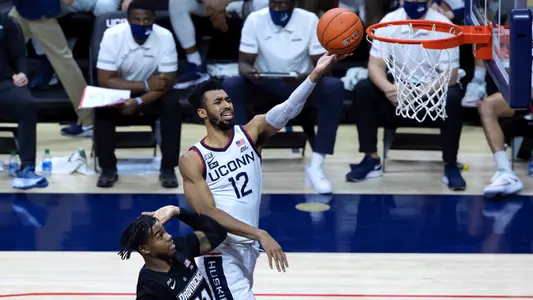 Tyler Polley makes a move to the hoop against Providence on February 16, 2021.