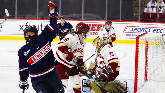 Morgan Wabick celebrates after scoring a goal against BC in the Hockey East quarterfinal on Sunday, February 28.