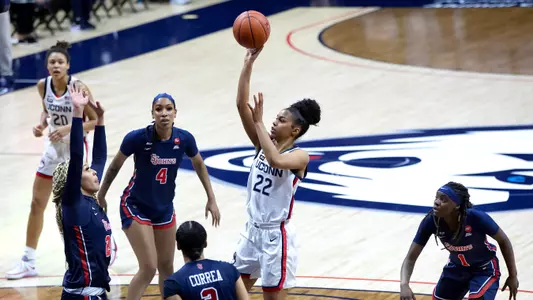 Evina Westbrook shoots a floater against St. John's on February 3, 2021.