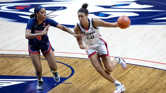 Olivia Nelson-Ododa drives to the basket against St. John's on February 3, 2021.