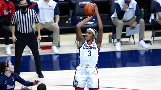 Aaliyah Edwards shoots a jumper against St. John's on February 3, 2021.