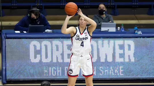 Saylor Poffenbarger shoots a three-pointer against St. John's on February 3, 2021.
