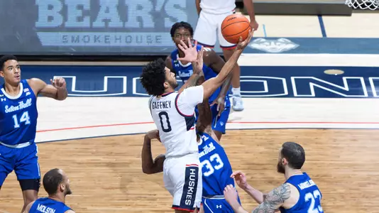Jalen Gaffney takes it to the hoop against Seton Hall on February 6, 2021.