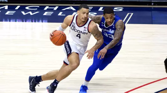 Tyrese Martin drives against Seton Hall on February 6, 2021.