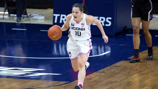 Nika Muhl dribbles against South Carolina on February 8, 2021.
