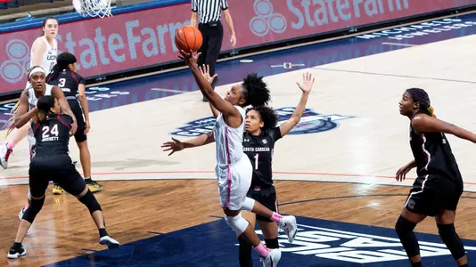 Christyn Williams drives to the basket against South Carolina on February 8, 2021.