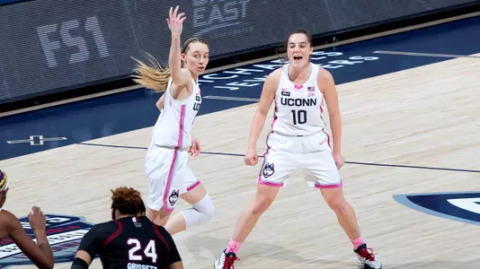 Paige Bueckers and Nika Muhl during the game against South Carolina on February 8, 2021.